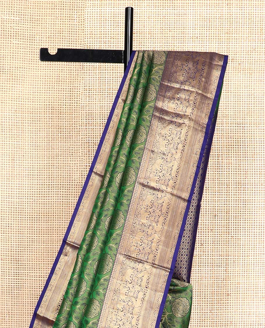 Green floral jaal jacquard wedding silk saree, contrast border of thilakam, muthu, banaras, yaanai, and yaali, kuyil kann, kathir, and kodi visiry designs, and jaal pallu