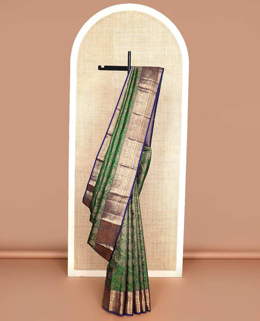 Green floral jaal jacquard wedding silk saree, contrast border of thilakam, muthu, banaras, yaanai, and yaali, kuyil kann, kathir, and kodi visiry designs, and jaal pallu
