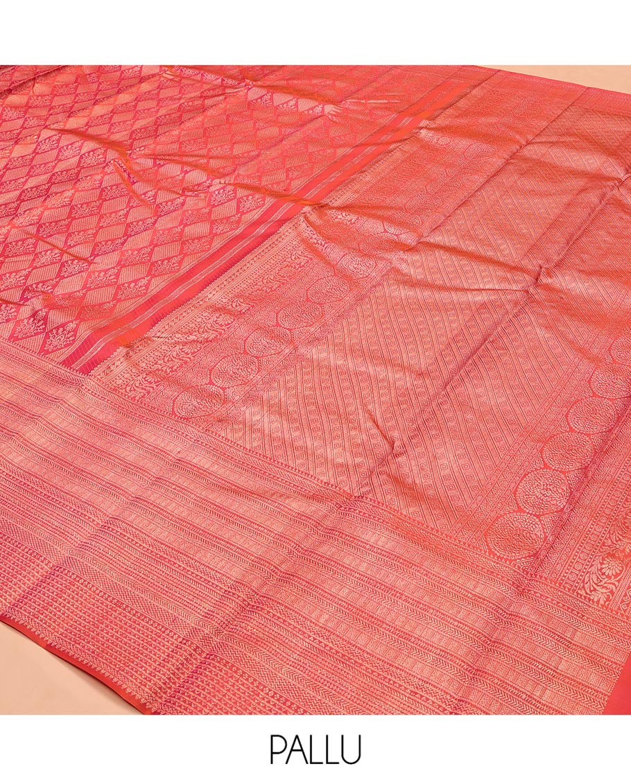 Red Kanchipuram Wedding Silk Saree, Beautified with Jacquard Design, a Traditional Zari Border, Greek Key Pallu, and a Matching Blouse