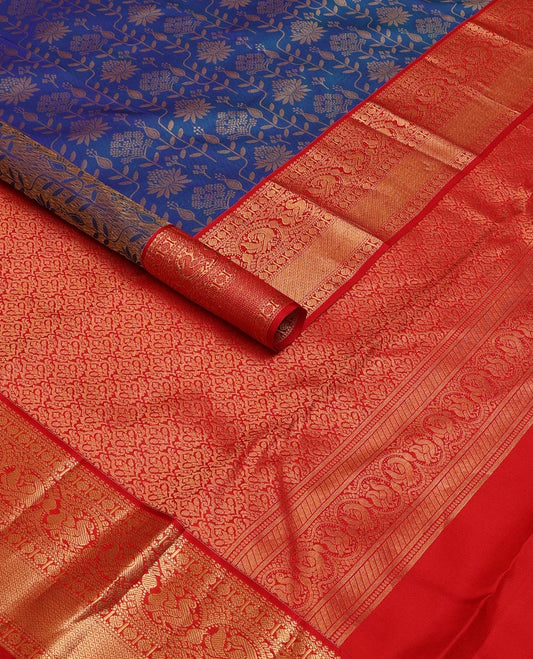 Blue floral jacquard kanchipuram wedding silk saree, contrast border of thilakam,muthu,poun, round mayil, round annam & mayil kann & intricate pallu