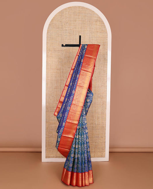 Blue floral jacquard kanchipuram wedding silk saree, contrast border of thilakam,muthu,poun, round mayil, round annam & mayil kann & intricate pallu