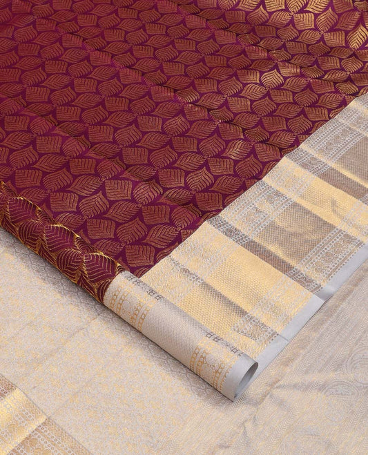 Purple jacquard wedding silk saree, contrast border of banaras, mayil, and mayil kann designs, and jaal pallu