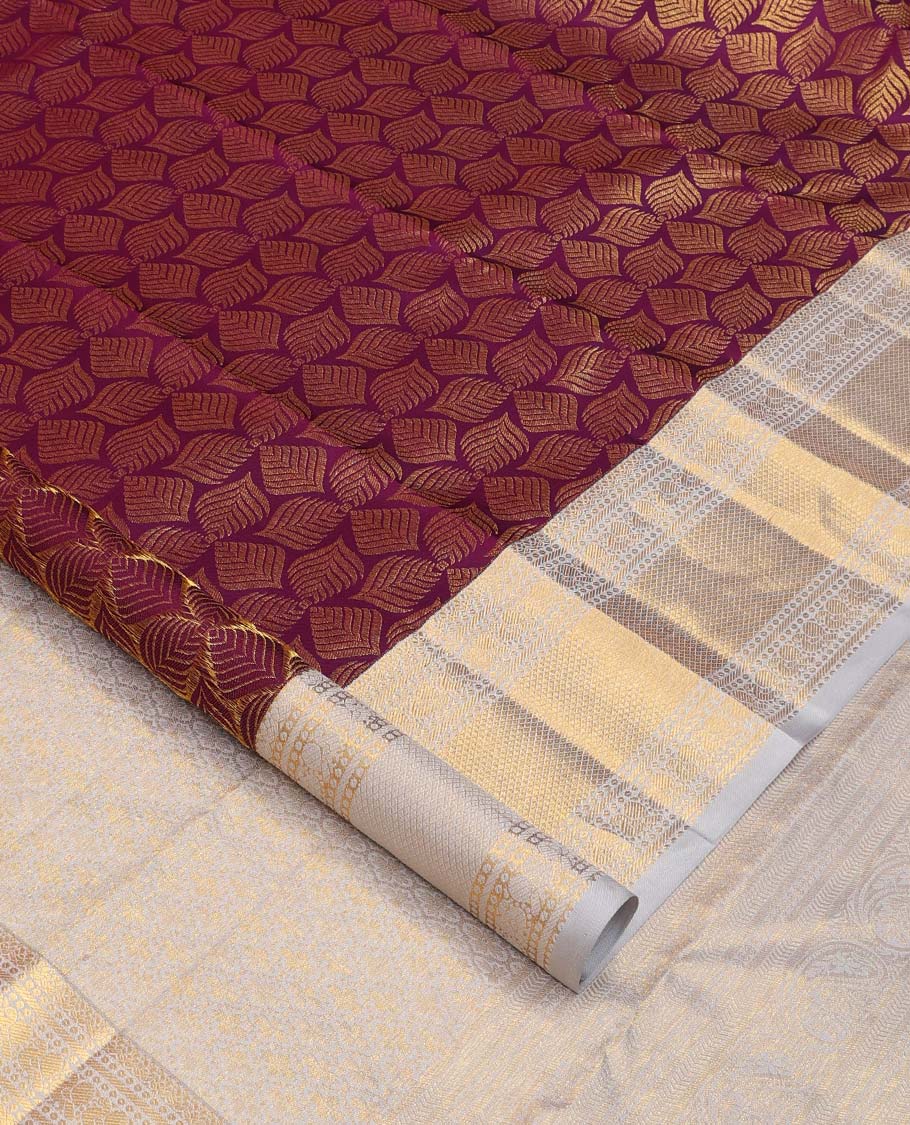 Purple jacquard wedding silk saree, contrast border of banaras, mayil, and mayil kann designs, and jaal pallu