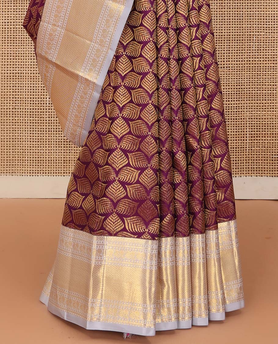 Purple jacquard wedding silk saree, contrast border of banaras, mayil, and mayil kann designs, and jaal pallu