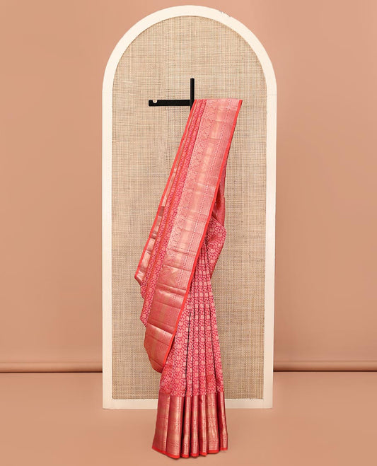 Red Kanchipuram Wedding Silk Saree, Beautified with Jacquard on Its Body, Highlighted by a Traditional Zari Border of Mayil Designs, Meticulously Pallu of Yaali Designs, and Paired with a Matching Blouse