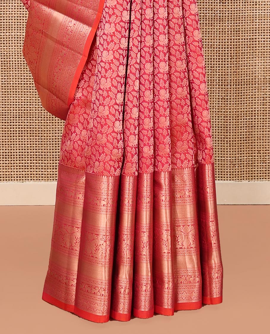 Red Kanchipuram Wedding Silk Saree, Beautified with Jacquard on Its Body, Highlighted by a Traditional Zari Border of Mayil Designs, Meticulously Pallu of Yaali Designs, and Paired with a Matching Blouse