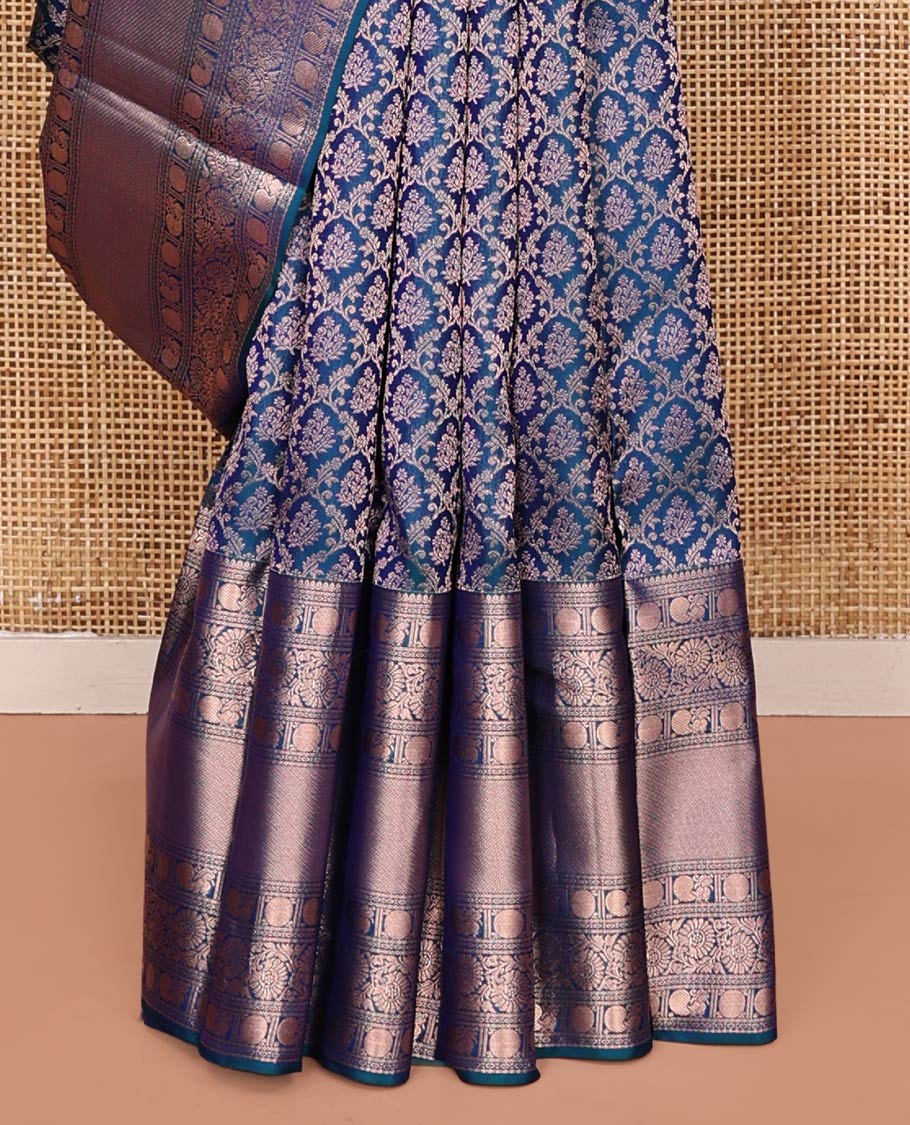 Blue Kanchipuram Wedding Silk Saree, Detailed with Jacquard Design on Its Body, Highlighted by Zari Border of Thilakam, Kodi Visiry, Mayil, and Poun Designs, Grand Pallu, and Paired with a Matching Blouse