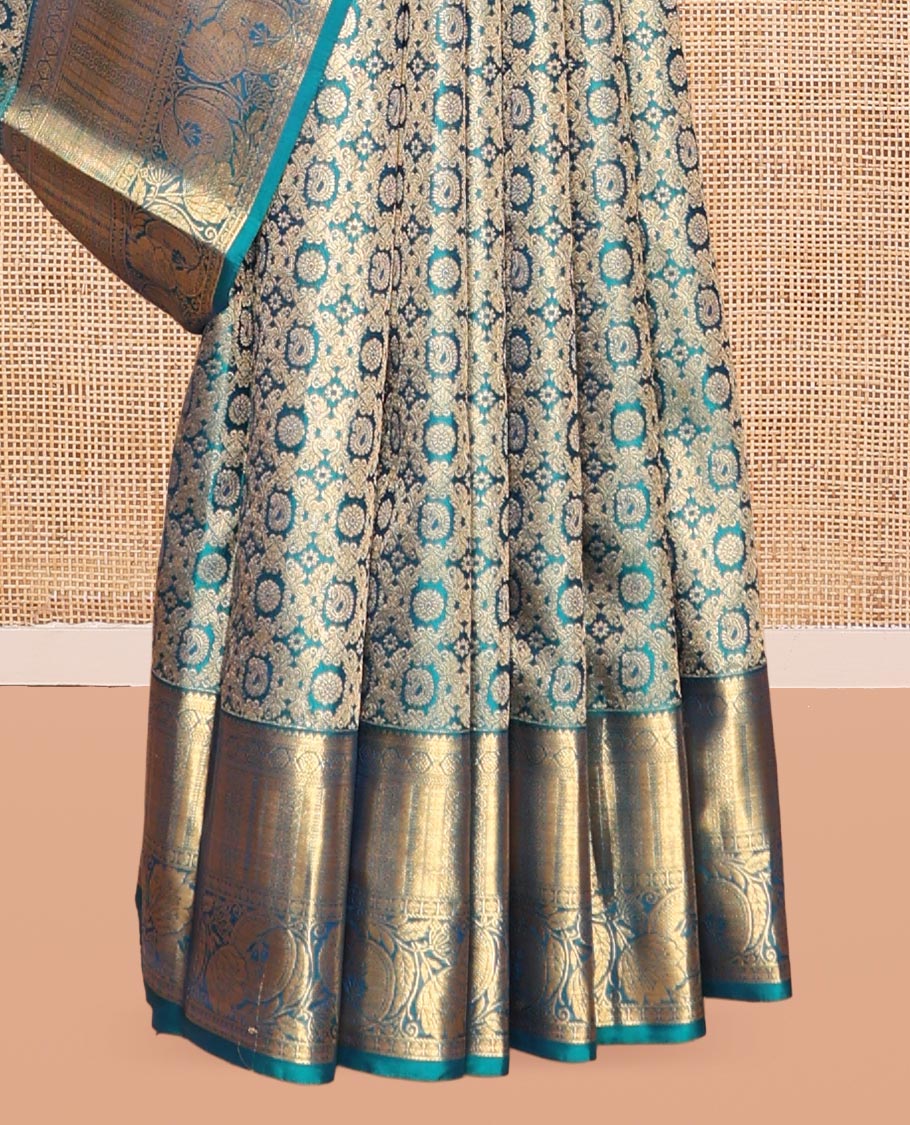 Blue Kanchipuram Wedding Silk Saree, Richly Detailed with Jacquard Design, a Zari Border of Rekku, Kathir, Laddu Kamalam, and Kodi Visiry, Grand Pallu, and a Matching Blouse