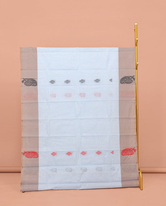 Blue Kanchi Cotton Saree Woven with Sparsely Stripes and Buttas All Over Its Body, Complemented by Contrast Border of Leaf Motifs, Intricate Pallu and Paired with a Matching Blouse