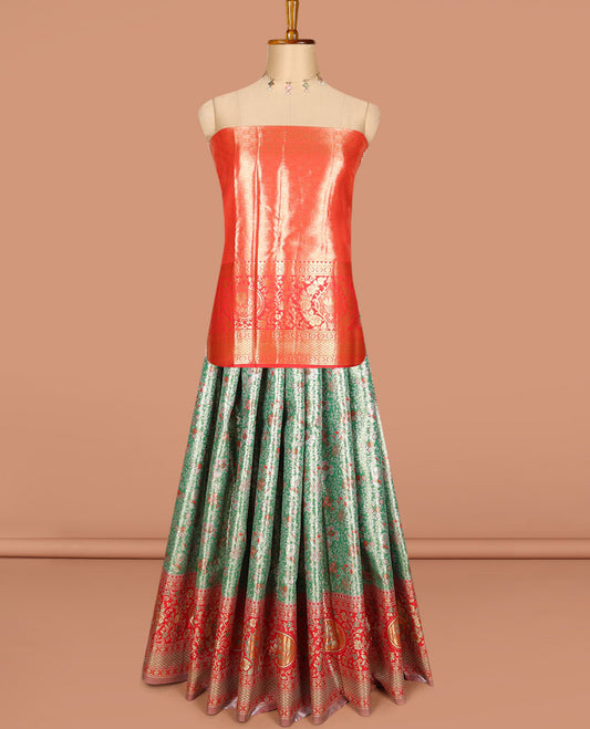 Green art silk half saree, floral meena jacquard with contrast meenakari floral design border skirt,  jacquard contrast blouse and zari woven dhavani