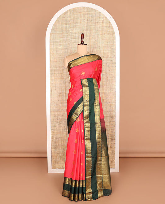 Pink zari buttas budget silk saree, contrast traditional zari design rettai pettu border, and ogee patterned pallu
