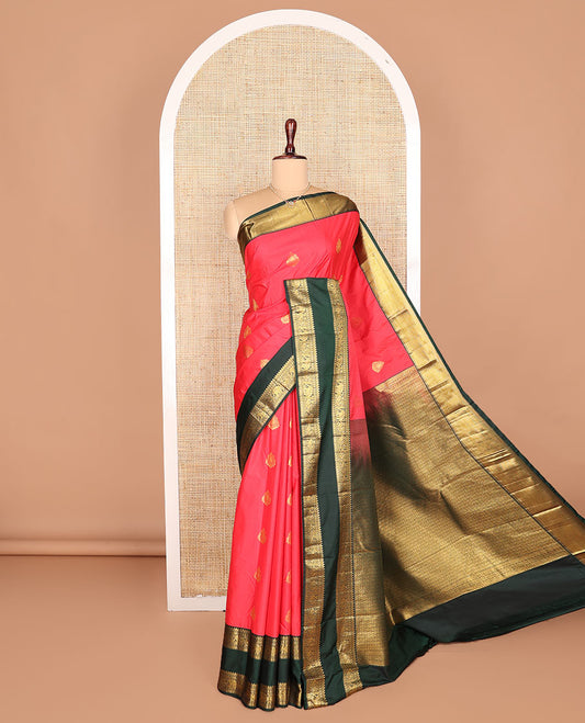 Pink zari buttas budget silk saree, contrast traditional zari design rettai pettu border, and ogee patterned pallu