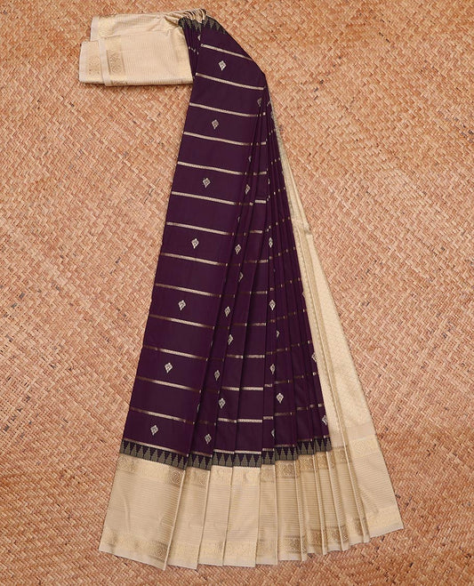 Eggplant purple zari buttas and striped gift saree, contrast traditional zari design woven border, and jaal pallu