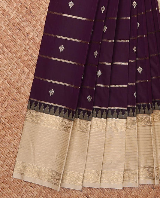 Eggplant purple zari buttas and striped gift saree, contrast traditional zari design woven border, and jaal pallu