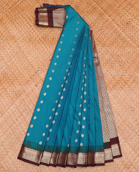 Blue Budget Silk Saree, Woven with Zari Buttas and Stripes on Its Body, Complemented by a Contrast Temple Traditional Zari Design Border, Grand Jaal Pallu, and Paired with a Contrast Blouse