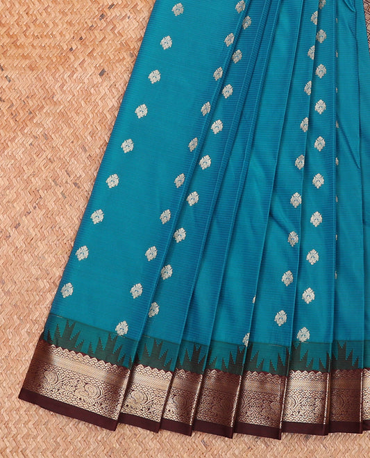 Blue Budget Silk Saree, Woven with Zari Buttas and Stripes on Its Body, Complemented by a Contrast Temple Traditional Zari Design Border, Grand Jaal Pallu, and Paired with a Contrast Blouse
