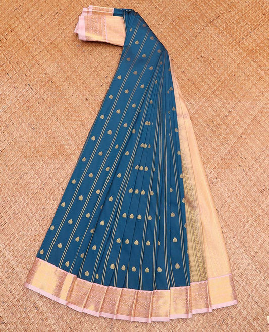 Blue Budget Silk Saree, Boldly Accentuated with Zari Buttas and Stripes All Over Its Body, Complemented by a Contrast Traditional Zari Design Border, Grand Geometric-Patterned Pallu, and Paired with a Contrast Blouse