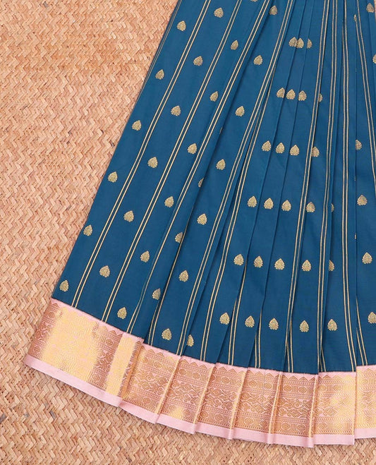 Blue Budget Silk Saree, Boldly Accentuated with Zari Buttas and Stripes All Over Its Body, Complemented by a Contrast Traditional Zari Design Border, Grand Geometric-Patterned Pallu, and Paired with a Contrast Blouse