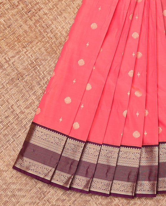 Pink Budget Silk Saree, Decorated with Zari Buttas All Over Its Body, Complemented by a Contrast Traditional Zari Design Woven Border, Zari Design Pallu, and Paired with a Contrast Blouse
