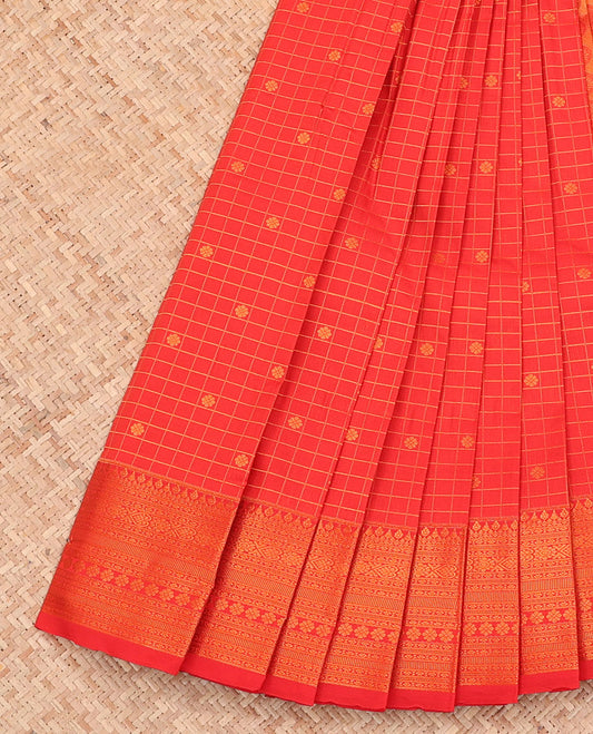 Red Budget Silk Saree, Bedecked with Zari Buttas and Checks All Over Its Body, Highlighted by a Traditional Zari Design Border, Grand Pallu, and Paired with a Matching Blouse