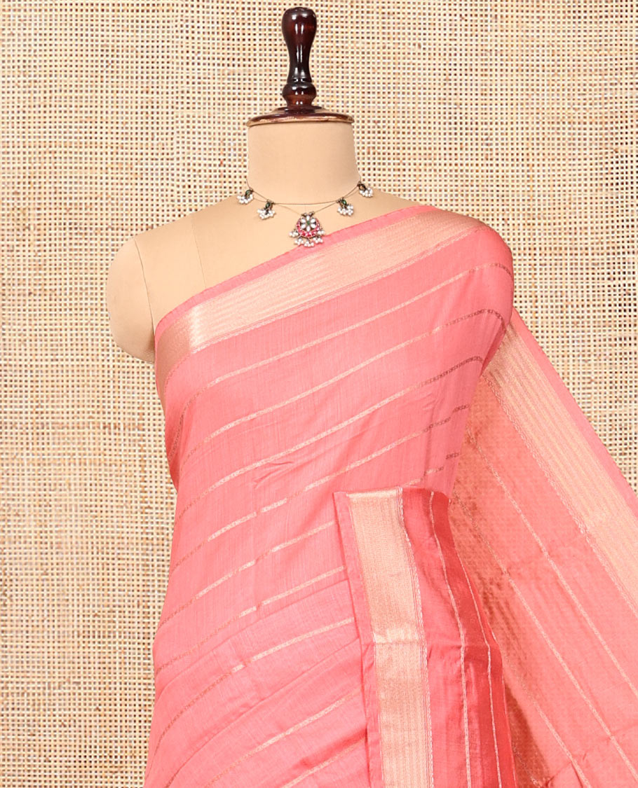 Pink Assam Silk Saree, Crafted with Zari Stripes, a Traditional Zari Border, a Gleaming Zari-Striped Pallu, and a Contrast Blouse