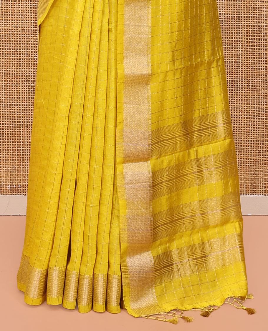 Yellow Assam Silk Saree, Accentuated with Zari Checks, Highlighted by Zari Border, Gleaming Zari Striped Pallu, and a Matching Blouse