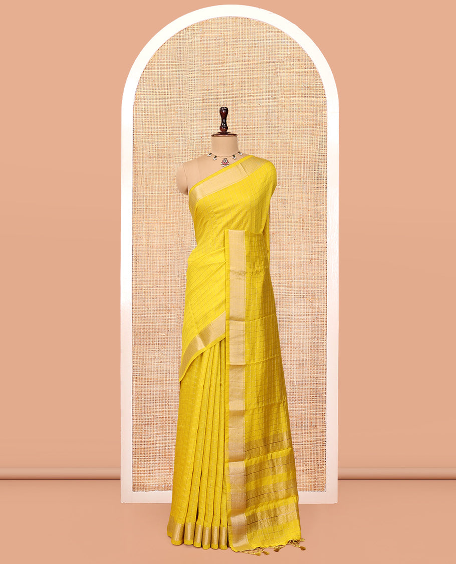 Yellow Assam Silk Saree, Accentuated with Zari Checks, Highlighted by Zari Border, Gleaming Zari Striped Pallu, and a Matching Blouse