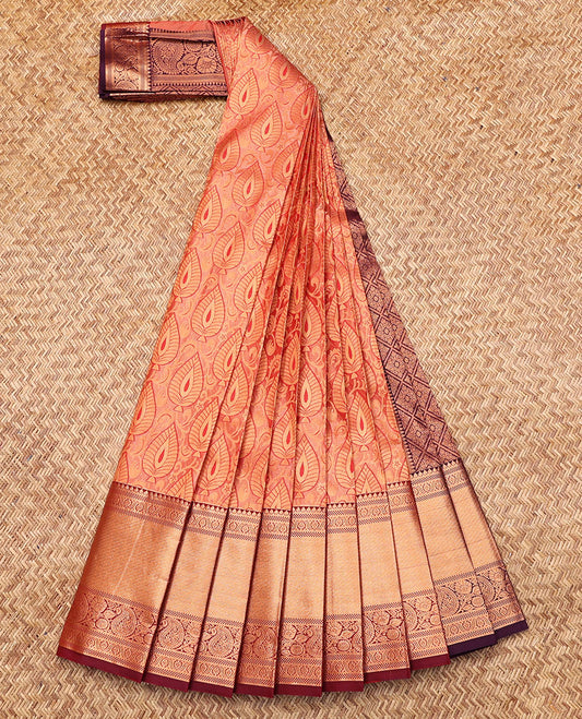 Peach Budget Silk Saree, Charmingly Accented with Jacquard, Complemented by Contrast Traditional Zari Border, Grand Jaal Pallu, and a Contrast Blouse