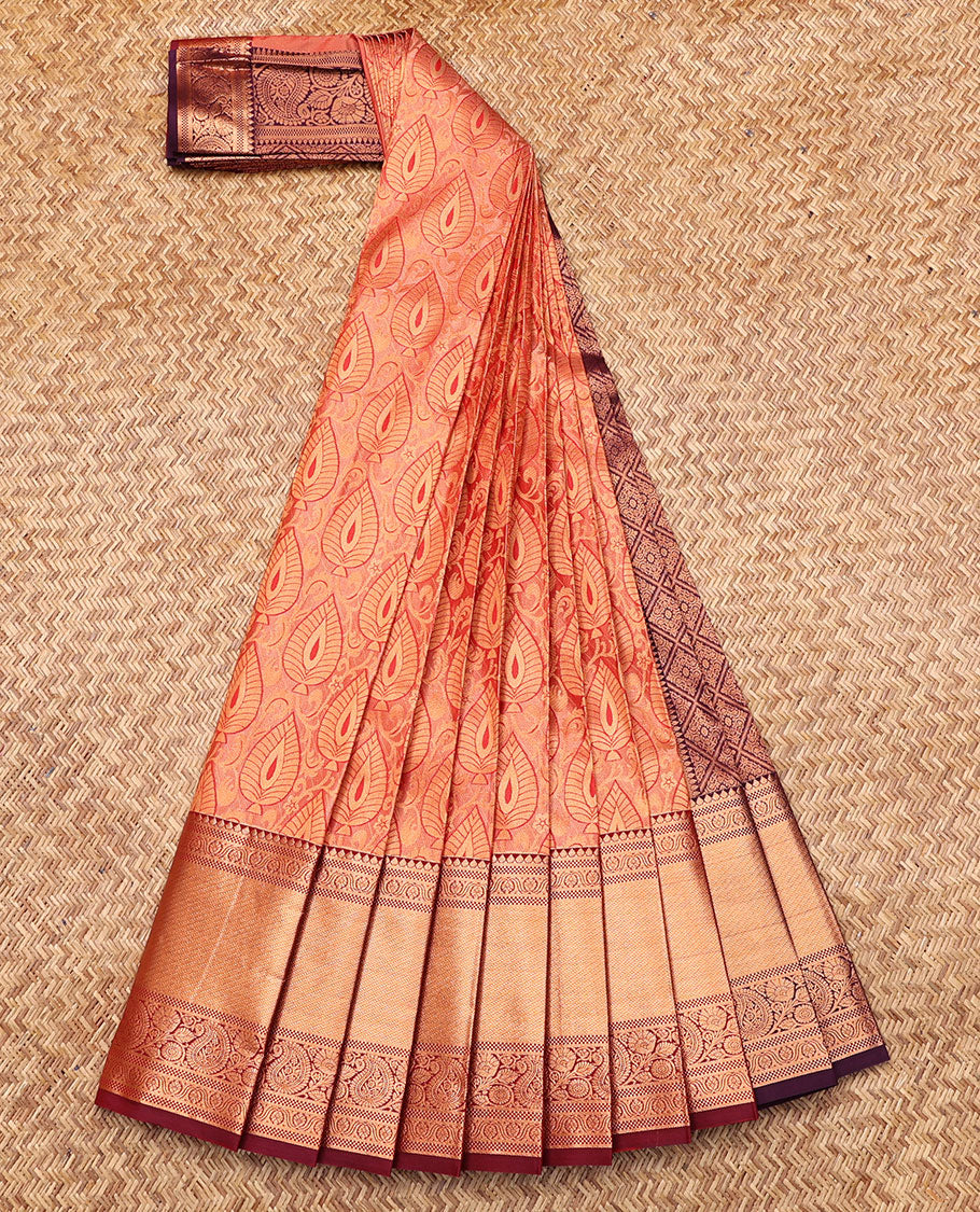 Peach Budget Silk Saree, Charmingly Accented with Jacquard, Complemented by Contrast Traditional Zari Border, Grand Jaal Pallu, and a Contrast Blouse