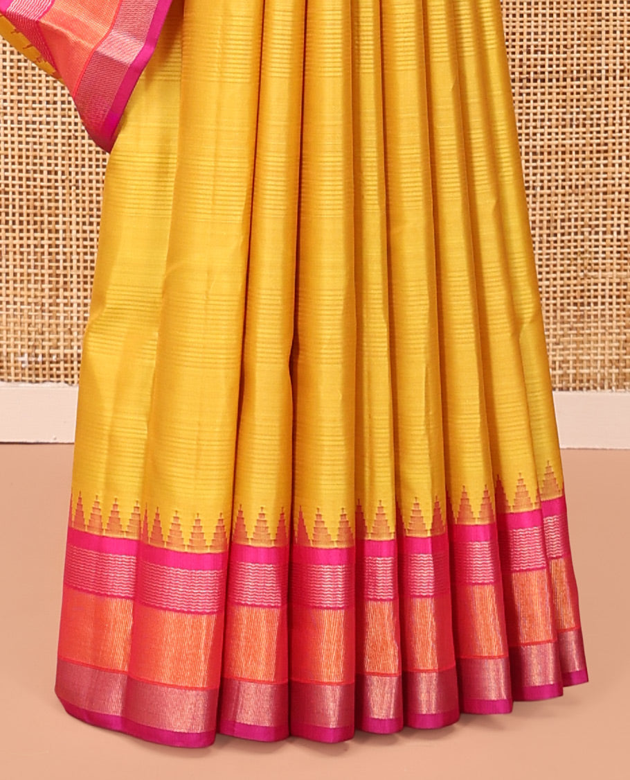 Yellow-Striped Bangalore Silk Saree, Complemented by a Contrast Temple Ganga-Jamuna Border, Pallu of Temple and Neli Designs, and a Contrast Blouse