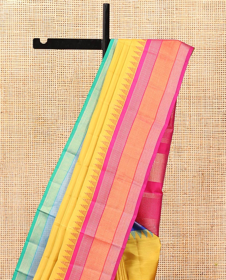 Yellow-Striped Bangalore Silk Saree, Complemented by a Contrast Temple Ganga-Jamuna Border, Pallu of Temple and Neli Designs, and a Contrast Blouse