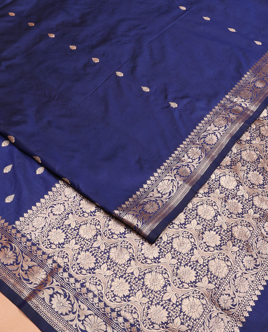 Blue buttas banarasi kathan silk saree,  floral creeper border, and floral jaal design pallu