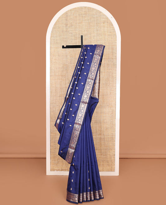 Blue buttas banarasi kathan silk saree,  floral creeper border, and floral jaal design pallu