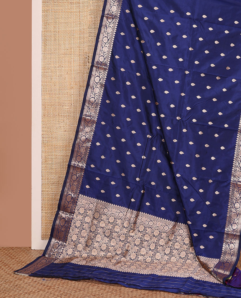 Blue buttas banarasi kathan silk saree,  floral creeper border, and floral jaal design pallu