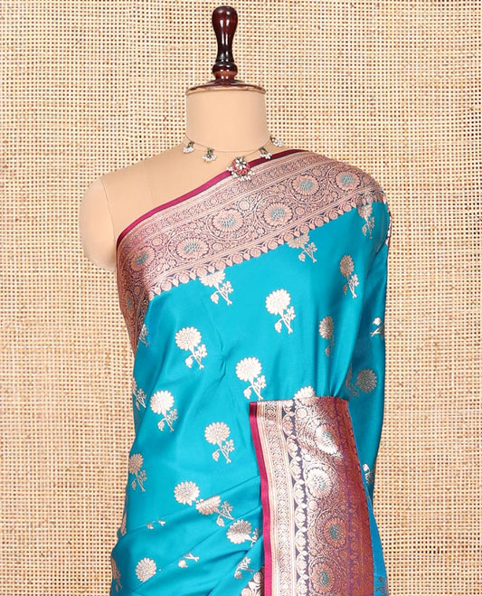 Blue Banarasi Nylon Saree, Decorated with Floral Buttas, Contrast Floral Creeper Zari Border, Intricate Pallu, and a Contrast Blouse