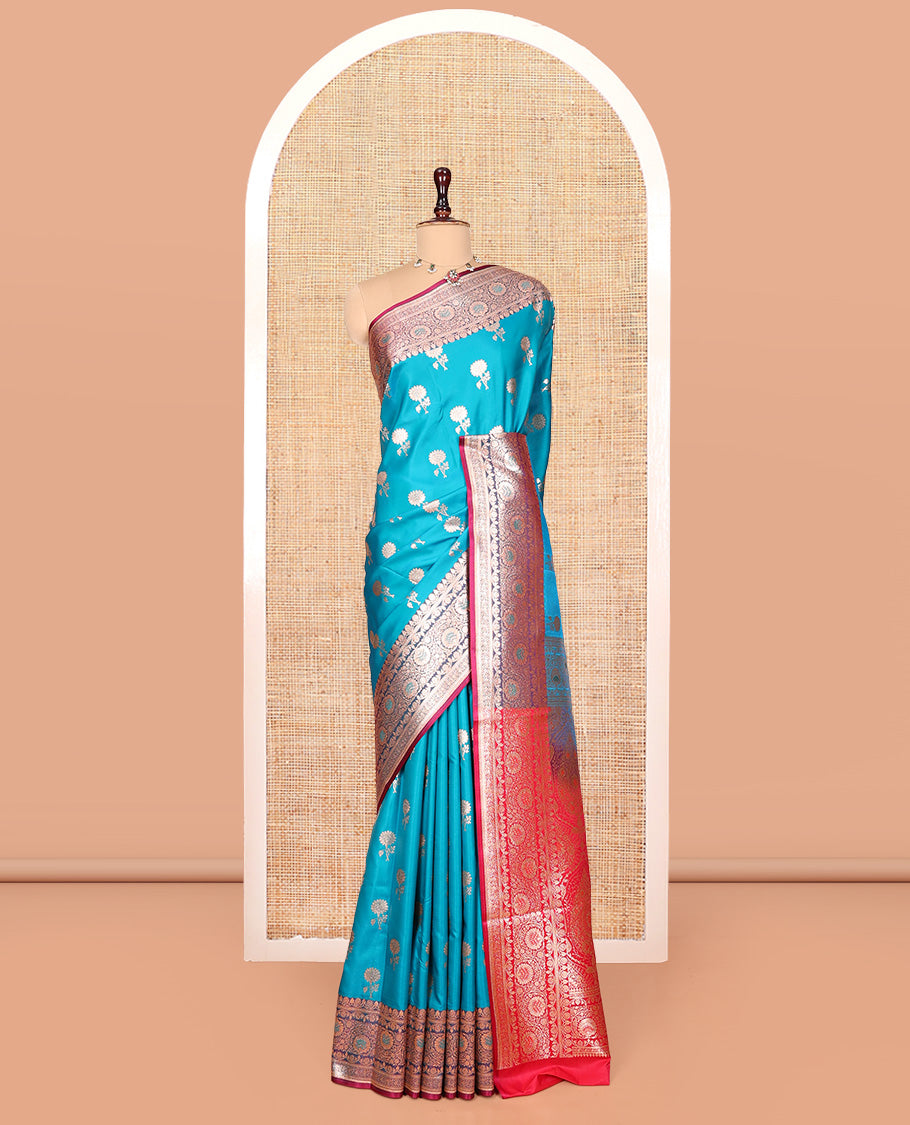 Blue Banarasi Nylon Saree, Decorated with Floral Buttas, Contrast Floral Creeper Zari Border, Intricate Pallu, and a Contrast Blouse