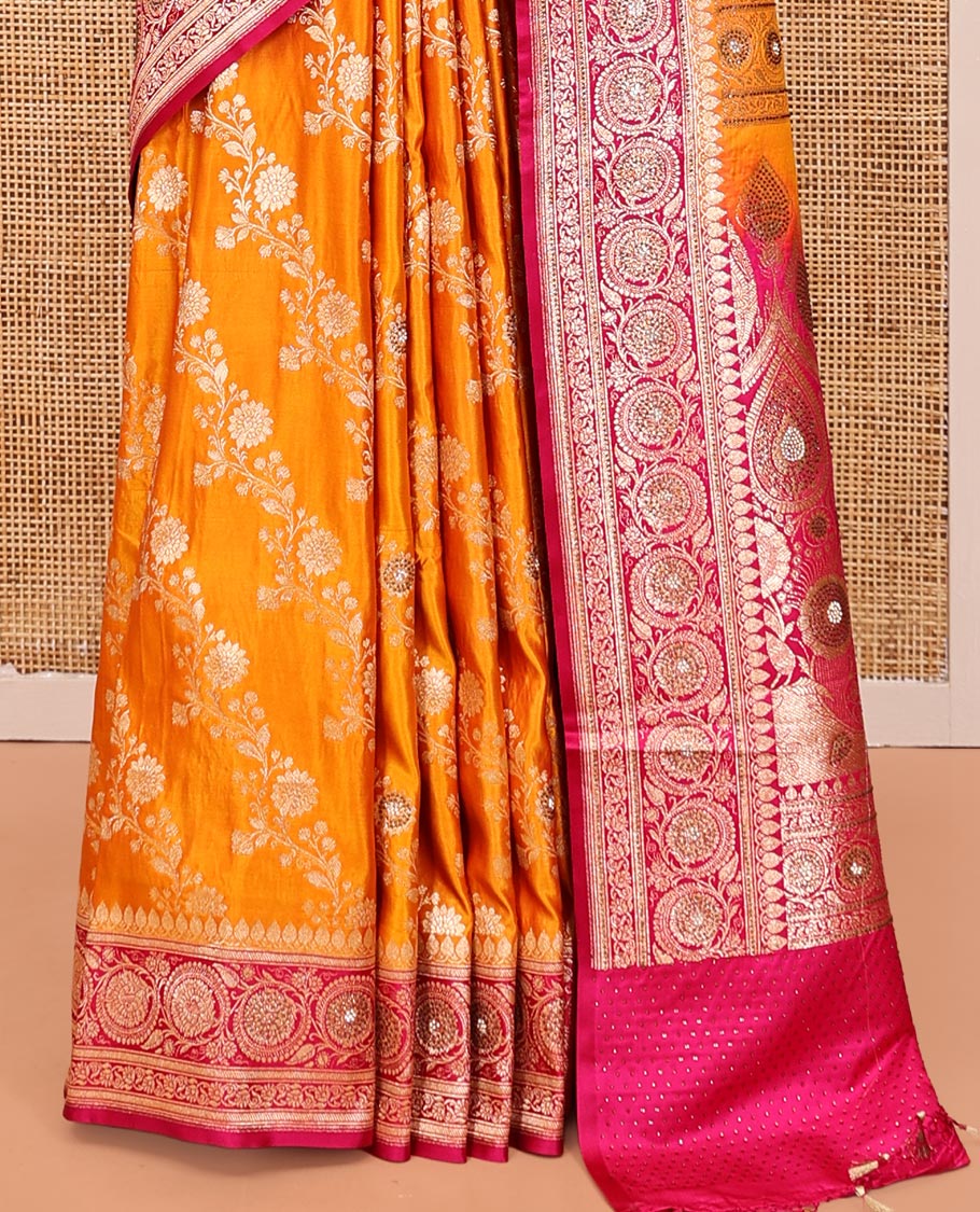 Orange Banarasi Satin Saree, Mesmerized with Floral Jaal Jacquard, a Contrast Floral Creeper Border, Intricate Stonework Pallu, and a Contrast Blouse