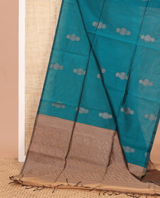 Borderless peacock blue zari buttas semi-silk cotton saree, contrast zari floral woven pallu