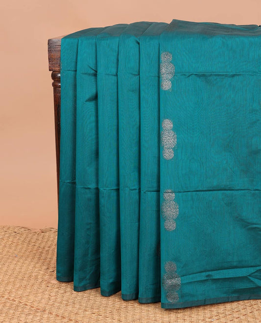 Borderless peacock blue zari buttas semi-silk cotton saree, contrast zari floral woven pallu