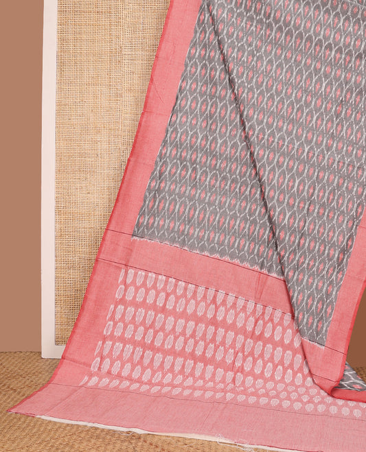 Grey ogee patterned ikkat cotton saree, contrast plain border, and pallu of buttas