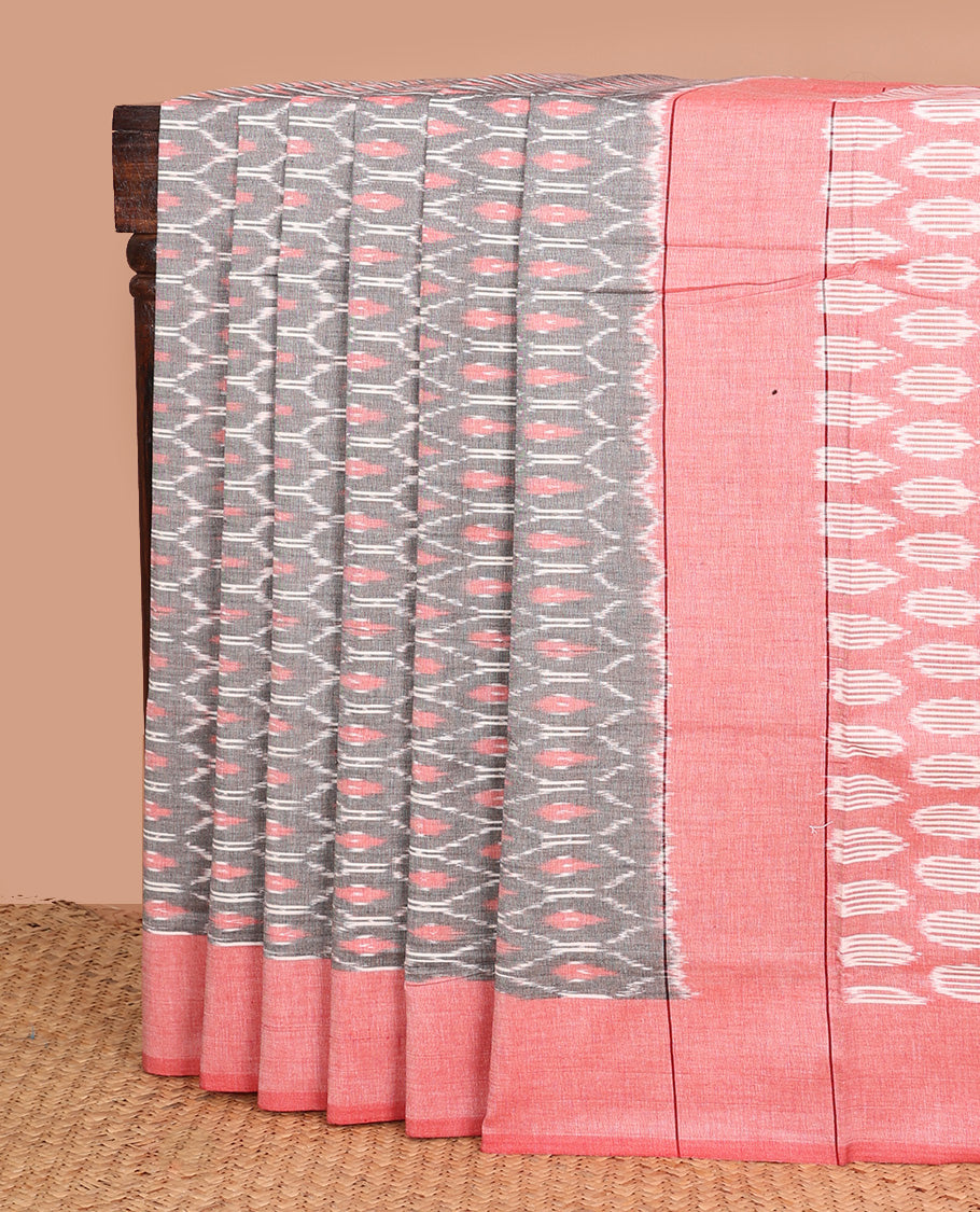 Grey ogee patterned ikkat cotton saree, contrast plain border, and pallu of buttas