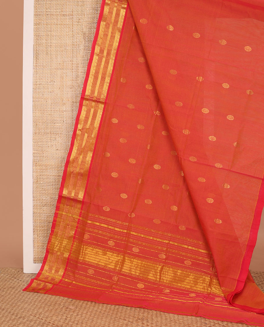 Orange chakram buttas Venkatagiri cotton saree, contrast traditional zari border, and zari striped pallu