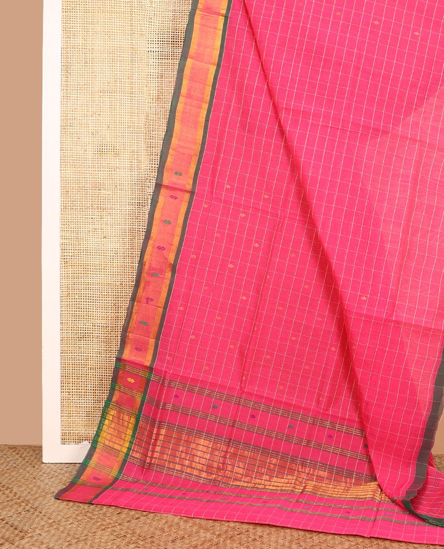 Pink checked and zari buttas Venkatagiri cotton saree with contrast thread woven border, and pallu of zari stripes