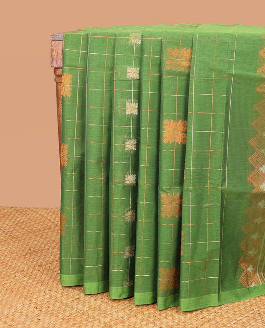 Green geometric design coimbatore cotton saree with self border & floral design pallu