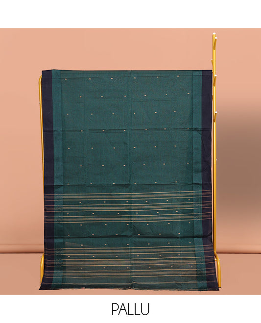 Blue Bengal Cotton Saree, Delicately Woven with Buttas All Over Its Body, Complemented by a Contrast Border of Unique Designs, Pallu of Stripes and Buttas, and Paired with a Matching Blouse