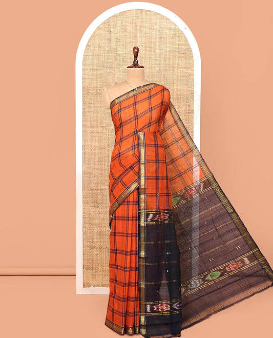 Orange Andhra Cotton Saree, Decorated with Checked Design All Over Its Body, Subtly Sparked with a Traditional-Patterned Border, Contrast Pallu of Stripes and Ikkt Floral Buttas, and Paired with a Matching Blouse