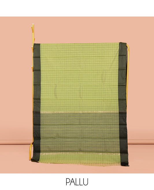Green Semi-Silk Cotton Saree, Subtly Sparkled with Checks All Over Its Body, Complemented by a Contrast Border, Striped Pallu, and Paired with a Matching Blouse