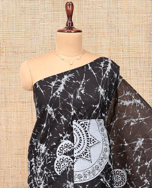 Borderless Black-Grey Poly Cotton Saree, Decked Up with Batik Print, a Self-Printed Pallu, and a Matching Blouse