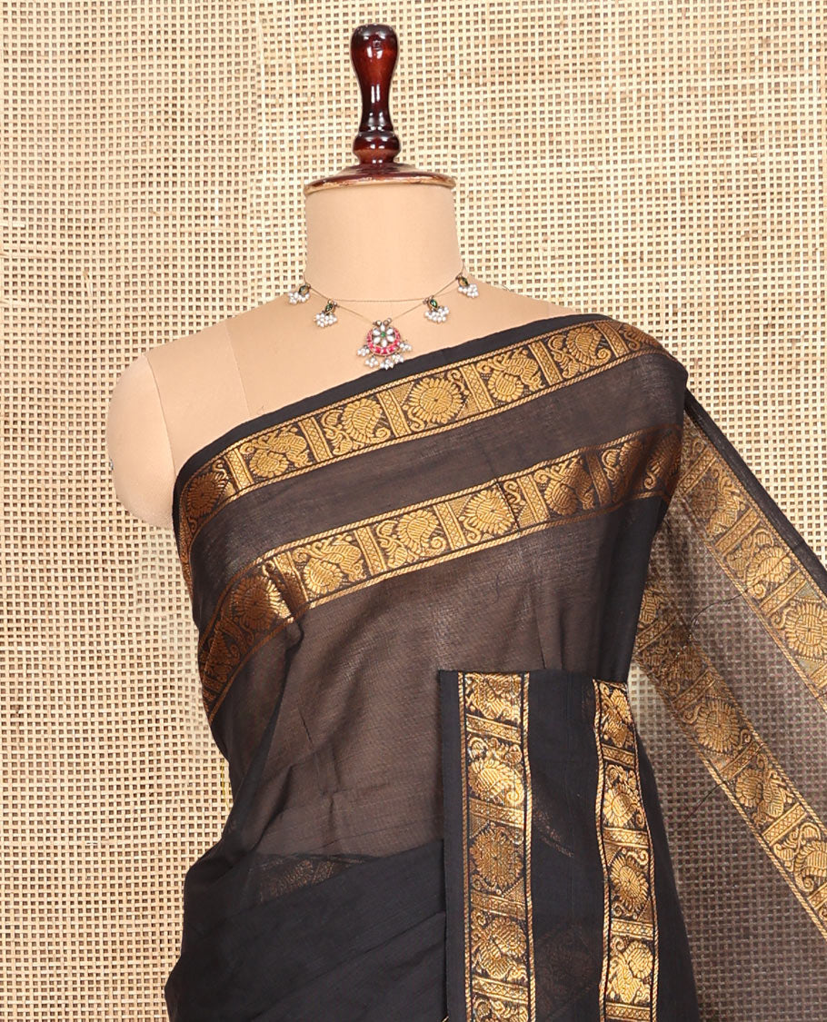 Black Plain Chettinad Cotton Saree, Highlighted by a Rettai Pettu Traditional Border, Striped Pallu, and a Matching Blouse