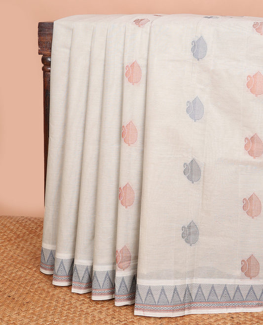 Grey buttas Combatiore cotton saree, temple design border & intricately designed pallu